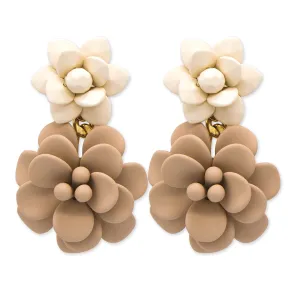 Italian Sand Beige and Cream Hibiscus Silk Effect - Double Pendant Earrings