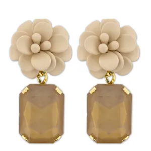 Italian Sand Beige Hibiscus Earrings - Emerald Cut Hand Painted Resin Pendant