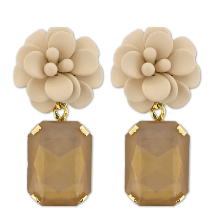 Italian Sand Beige Hibiscus Earrings - Emerald Cut Hand Painted Resin Pendant