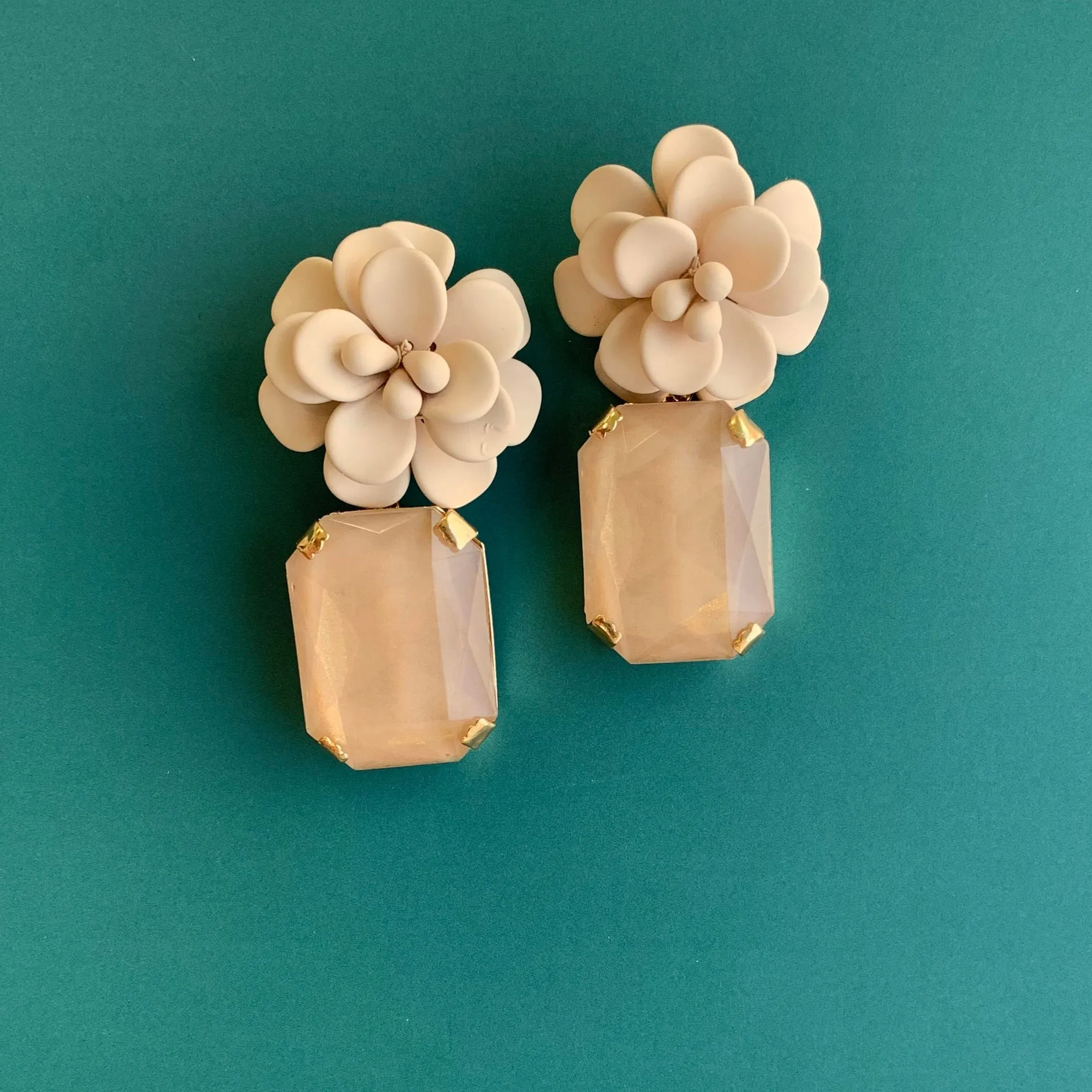 Italian Sand Beige Hibiscus Earrings - Emerald Cut Hand Painted Resin Pendant