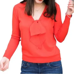 J.Crew NWOT Red Orange Merino Wool V-Neck Bow Tie Sweater Size XS Red