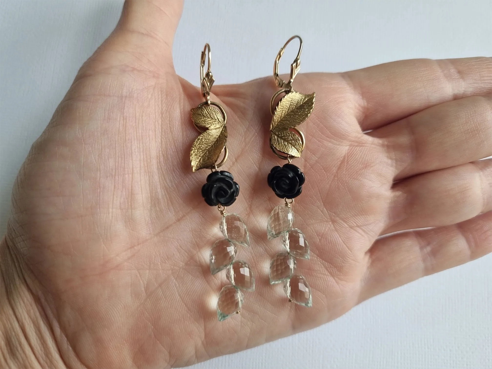 jungle nymph | leafy links, black onyx carved roses and green amethyst