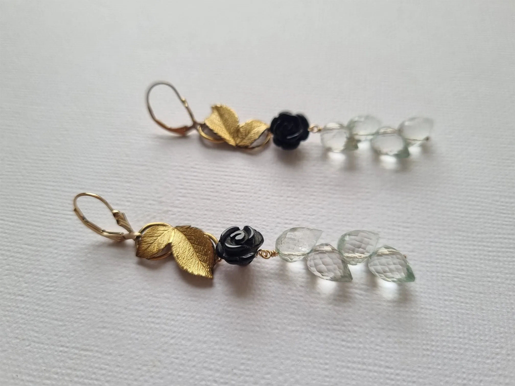 jungle nymph | leafy links, black onyx carved roses and green amethyst