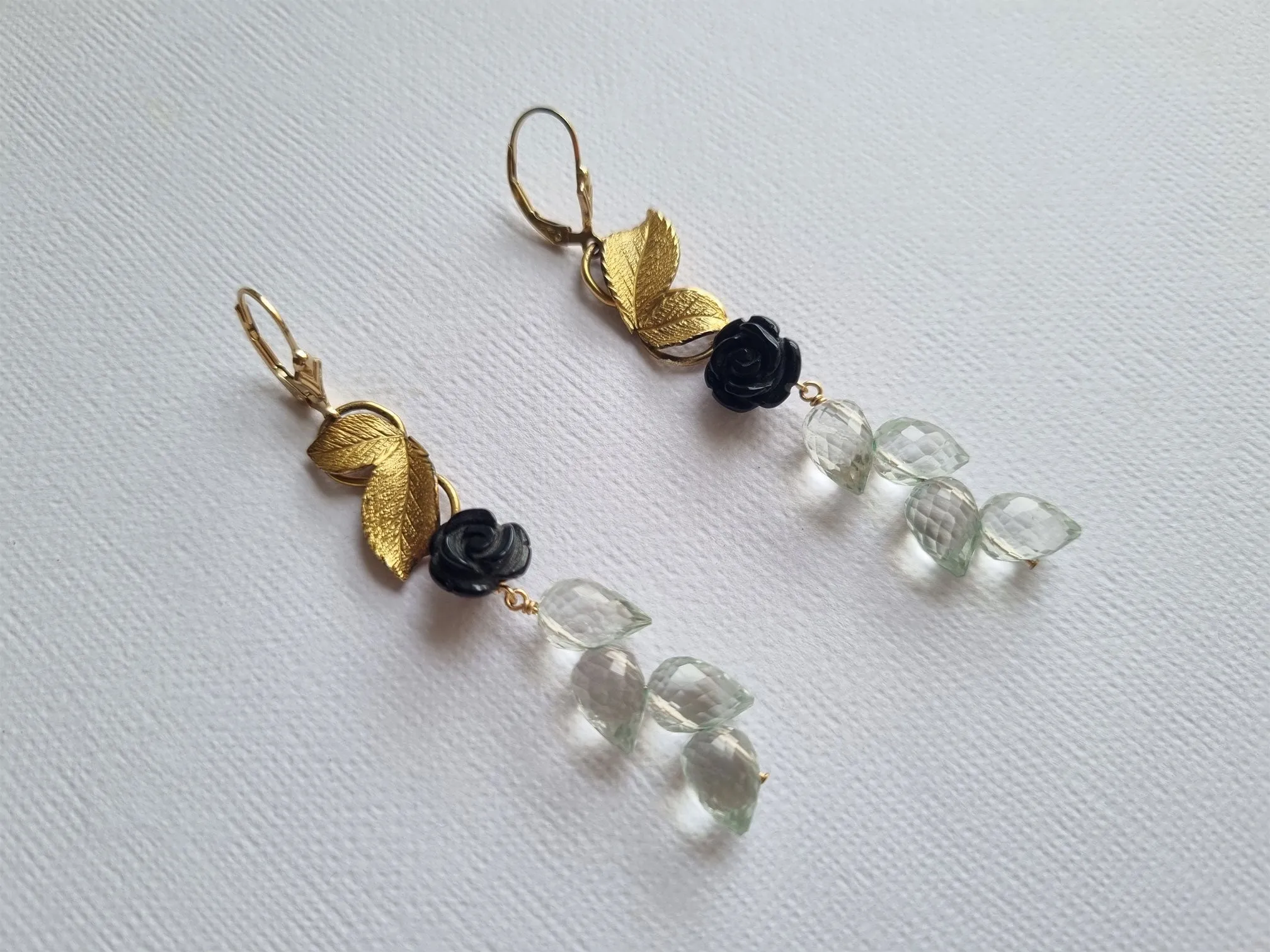 jungle nymph | leafy links, black onyx carved roses and green amethyst