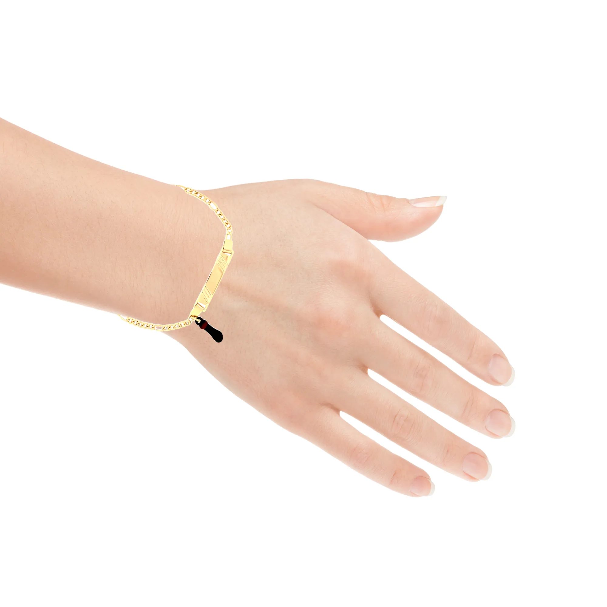 Kids Bracelet Black Figa Hand Charm and Plate Figaro link 14k gold filled