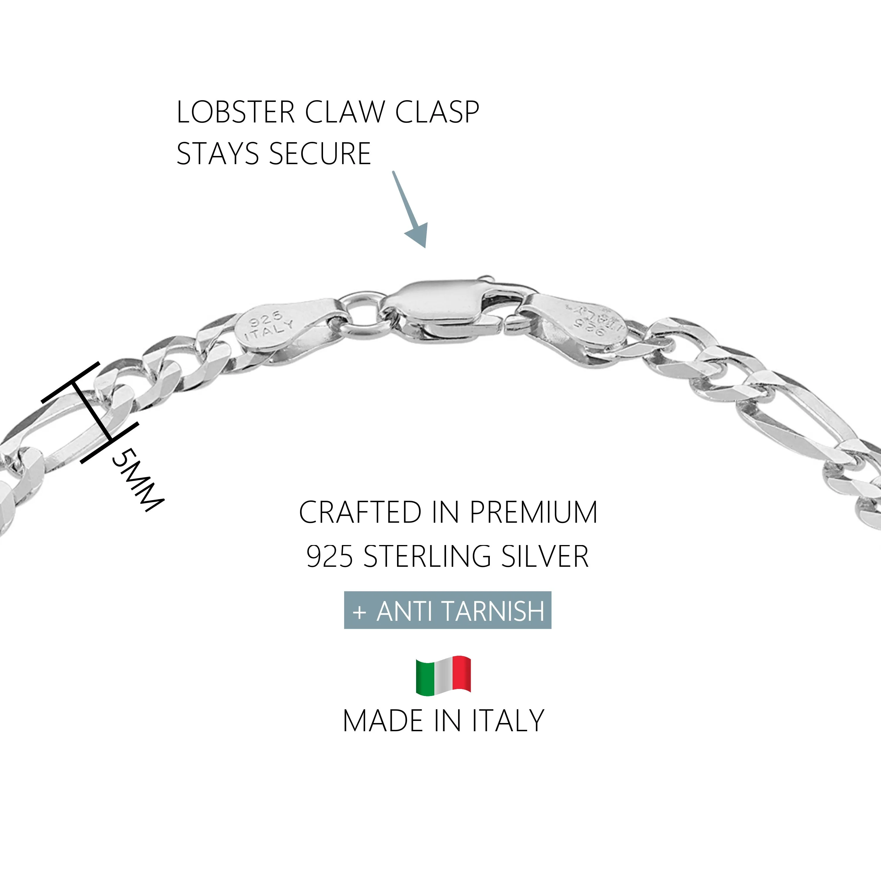 KISPER 925 Sterling Silver Italian 5mm Figaro Chain Bracelet w/ Lobster Clasp