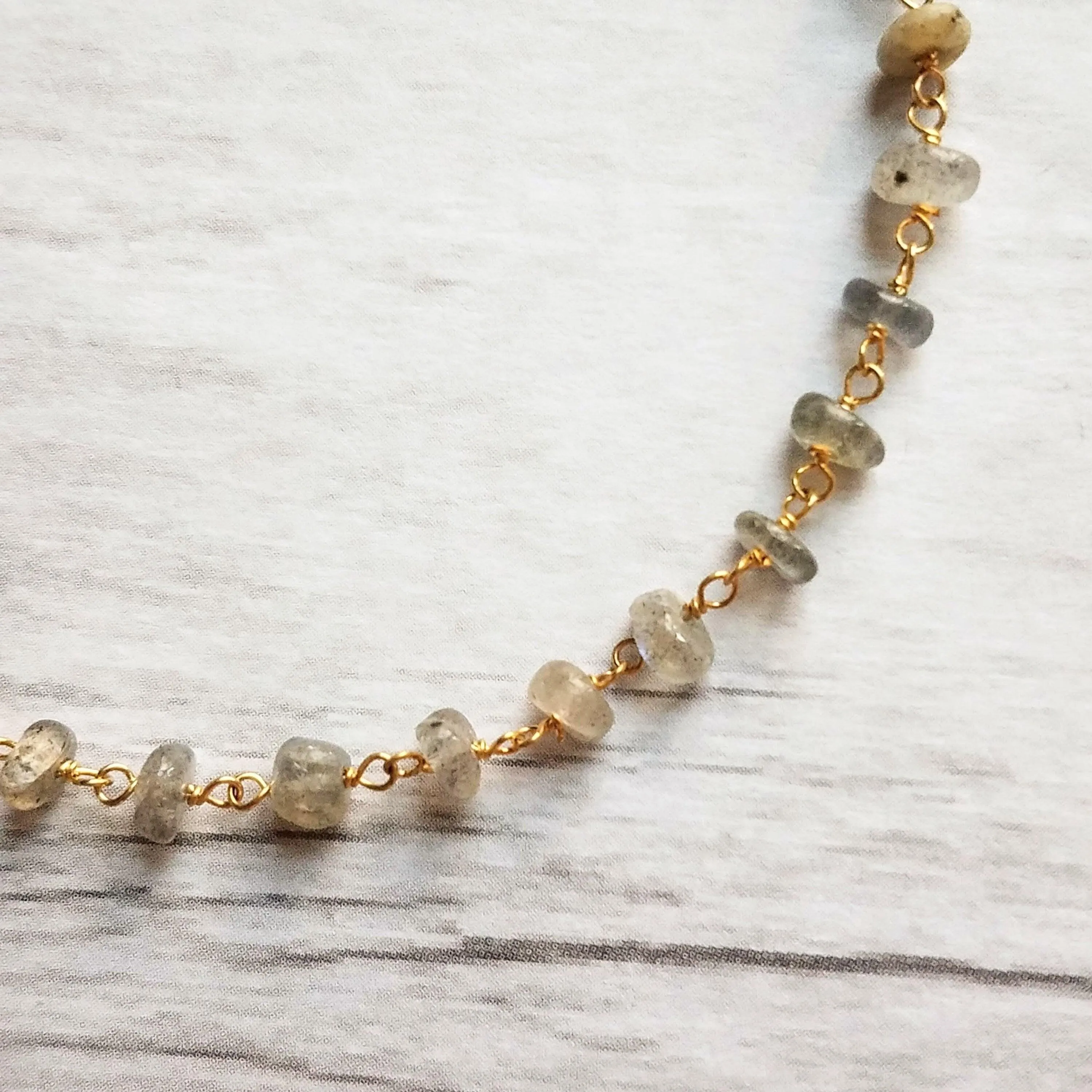 Labradorite Bracelet, tiny grey stone, semi precious gemstone, adjustable gold chain, vitreous iridescent blue green flash, spiritual symbol