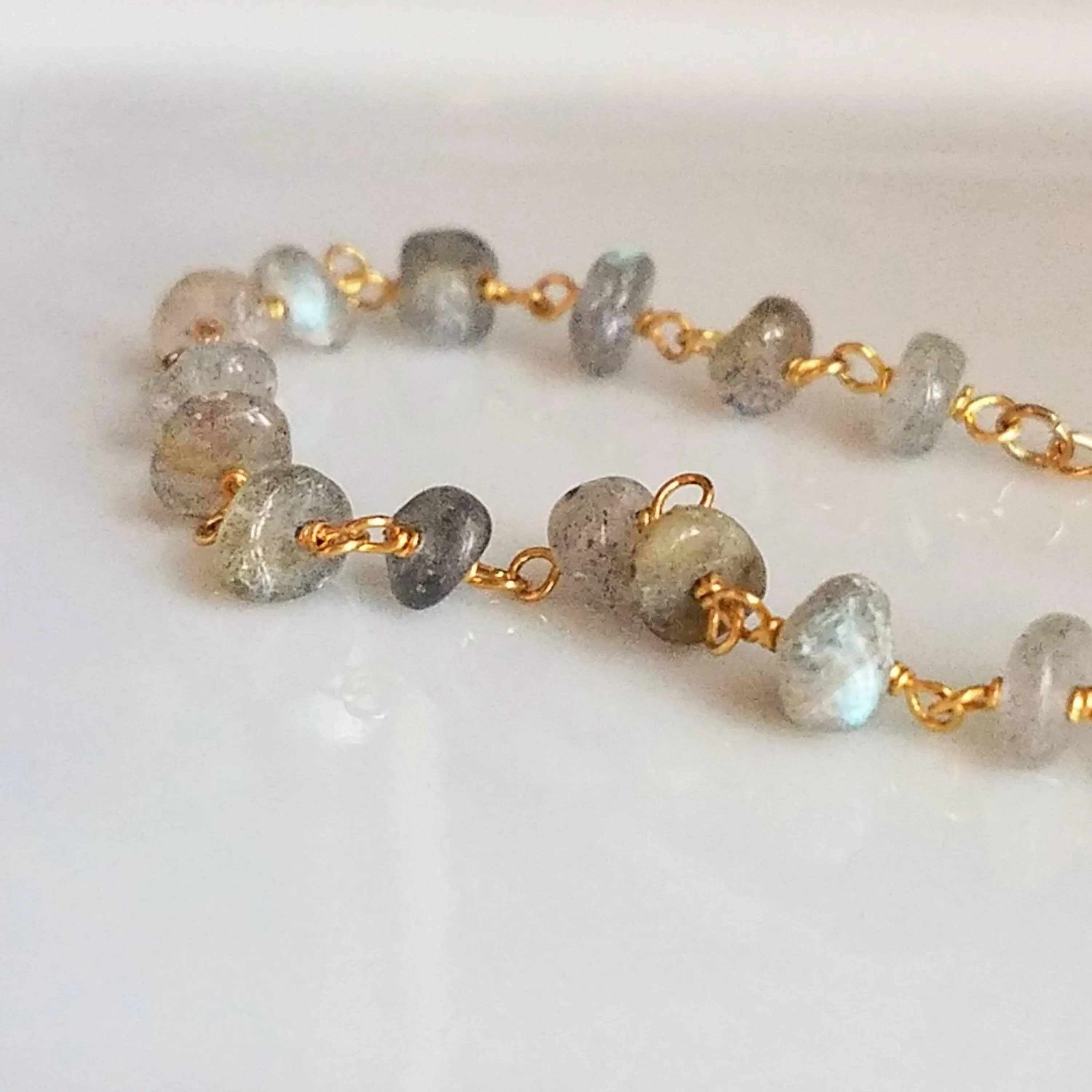 Labradorite Bracelet, tiny grey stone, semi precious gemstone, adjustable gold chain, vitreous iridescent blue green flash, spiritual symbol