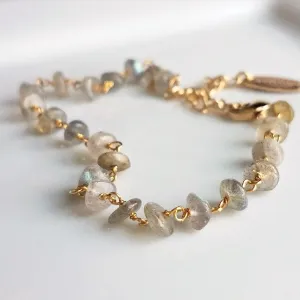 Labradorite Bracelet, tiny grey stone, semi precious gemstone, adjustable gold chain, vitreous iridescent blue green flash, spiritual symbol