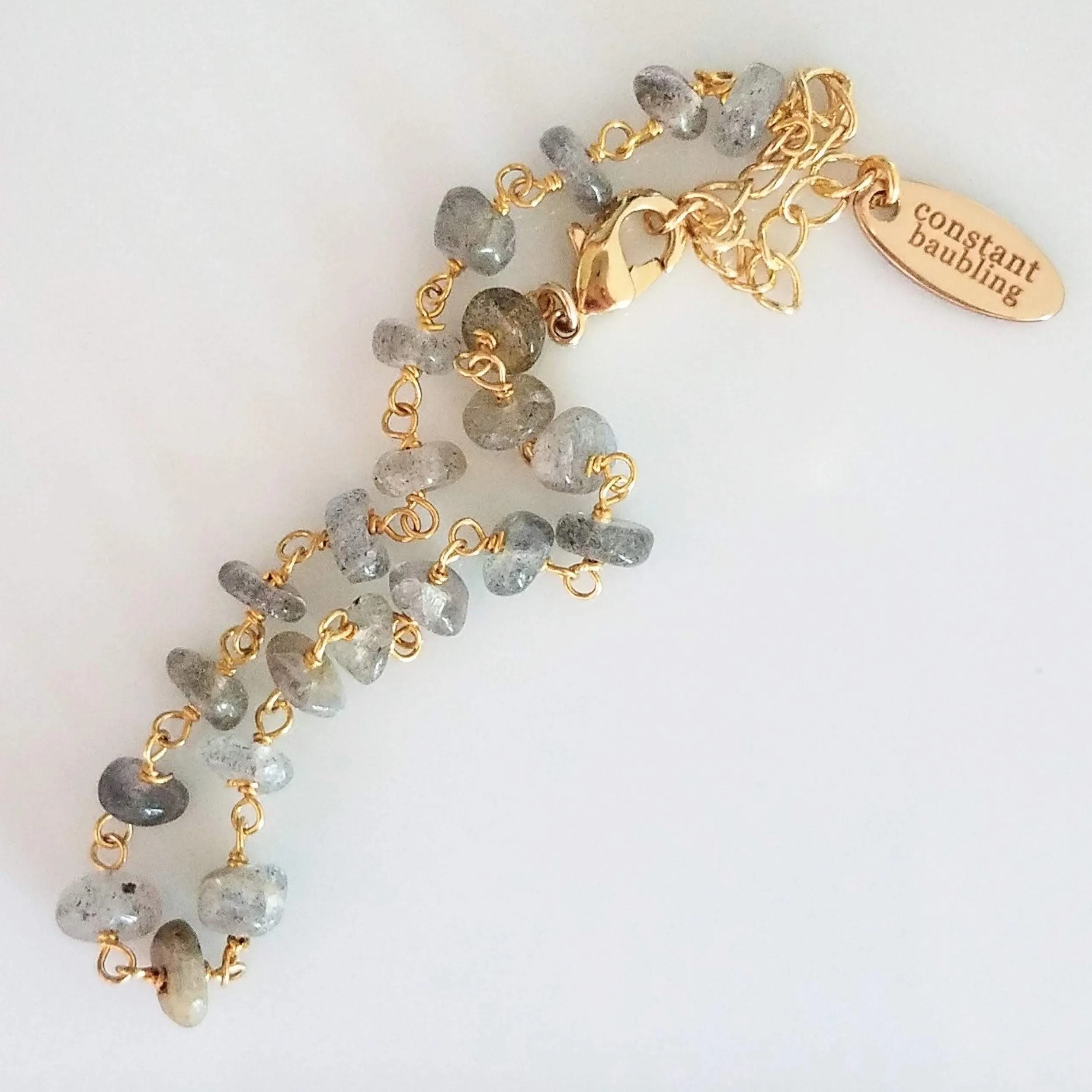Labradorite Bracelet, tiny grey stone, semi precious gemstone, adjustable gold chain, vitreous iridescent blue green flash, spiritual symbol