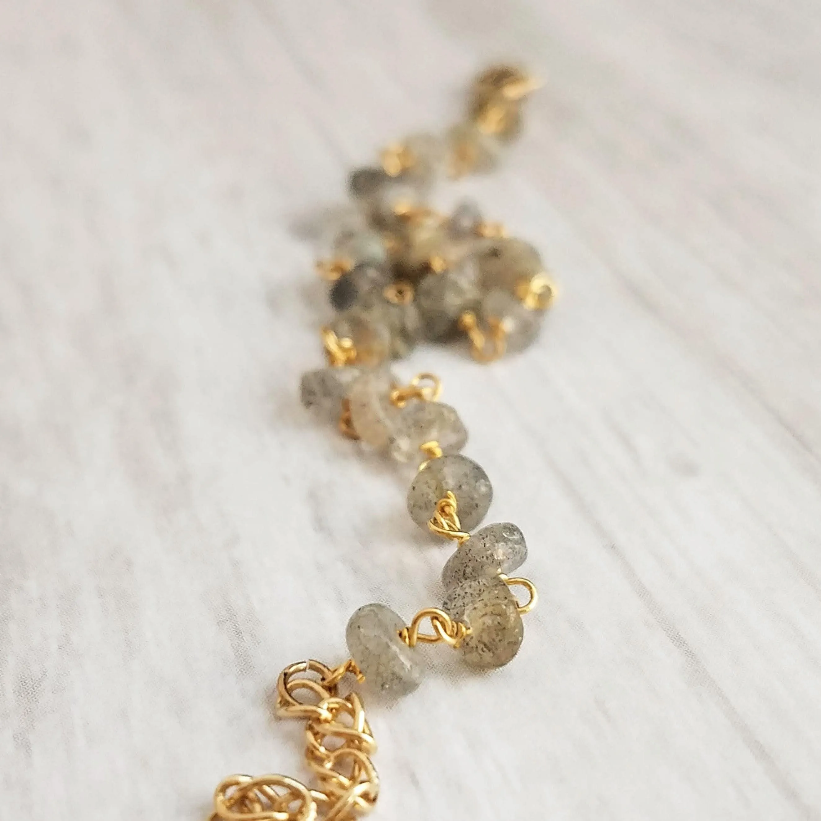Labradorite Bracelet, tiny grey stone, semi precious gemstone, adjustable gold chain, vitreous iridescent blue green flash, spiritual symbol