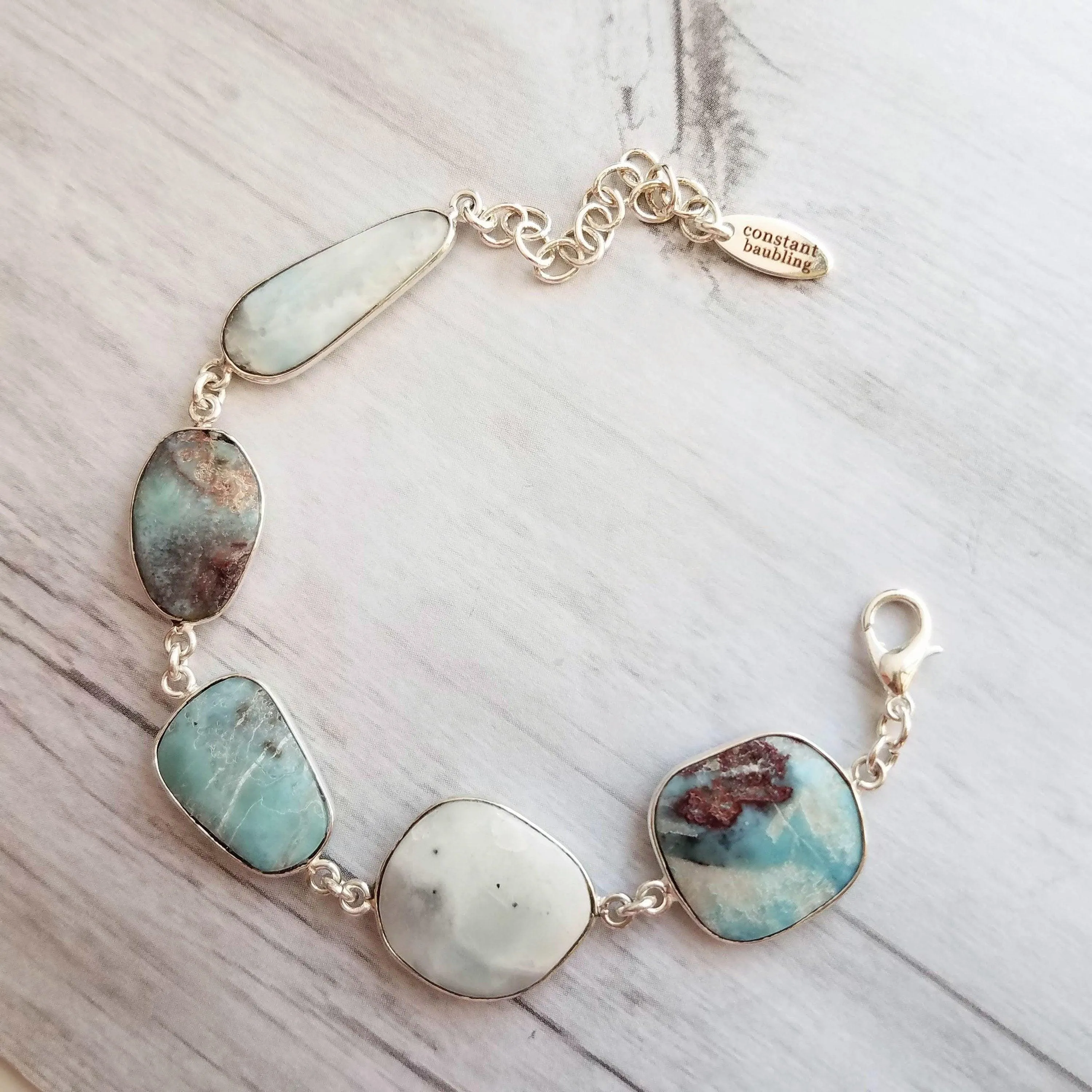 Larimar Bracelet, light blue gemstone bracelet, chunky stone bracelet, large stones, pale blue gem bracelet, adjustable chain, baby blue