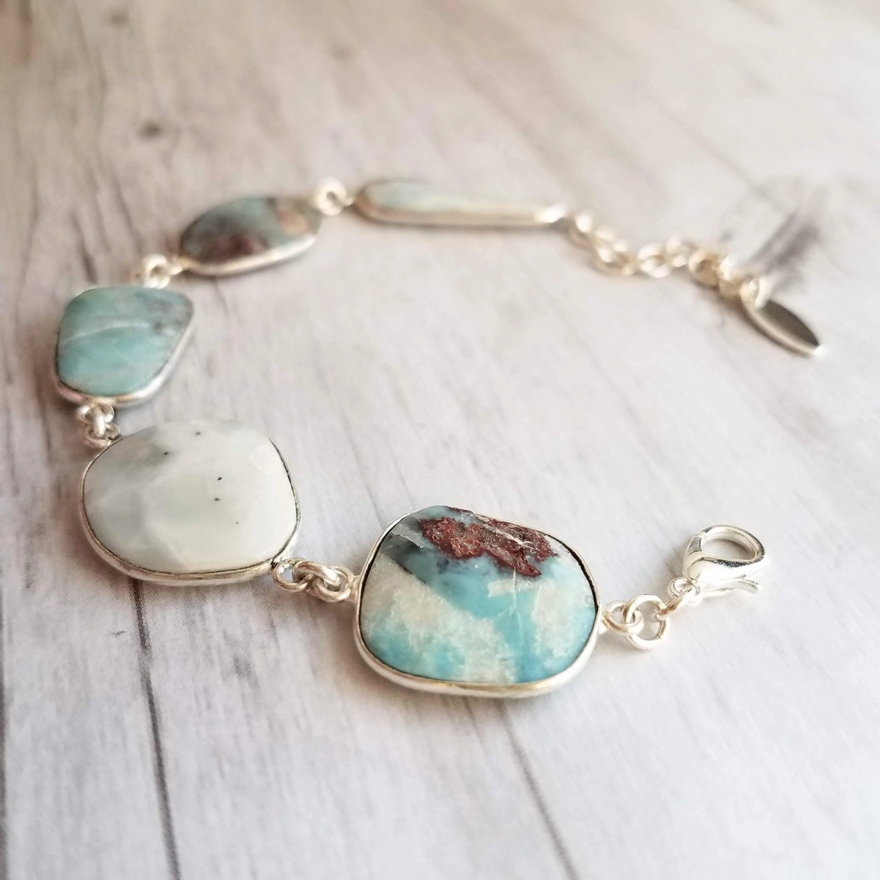 Larimar Bracelet, light blue gemstone bracelet, chunky stone bracelet, large stones, pale blue gem bracelet, adjustable chain, baby blue