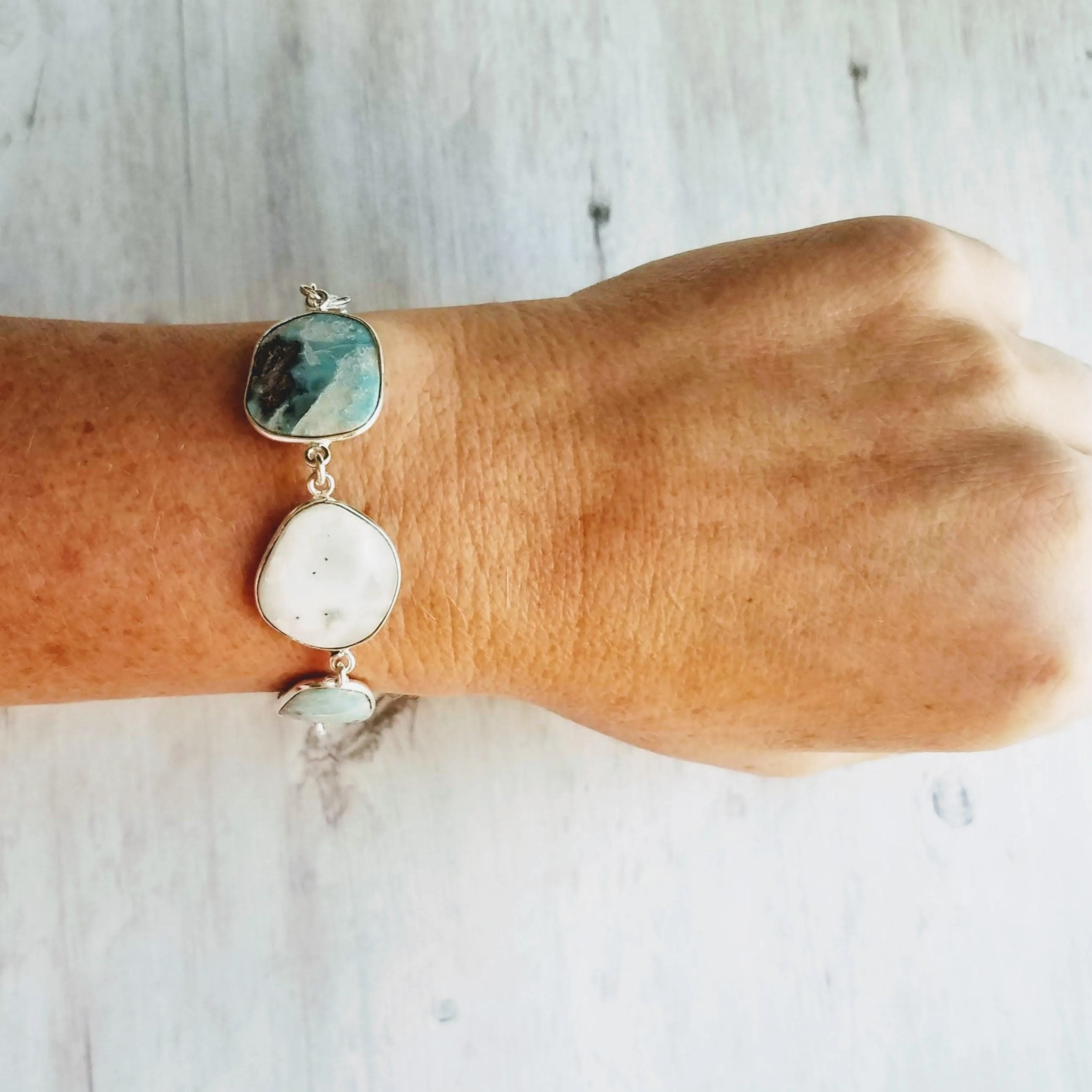 Larimar Bracelet, light blue gemstone bracelet, chunky stone bracelet, large stones, pale blue gem bracelet, adjustable chain, baby blue