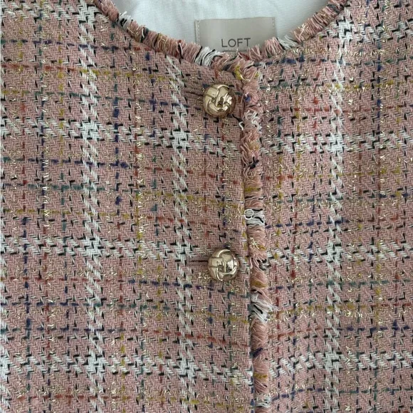 LOFT Sparkle Textured Tweed Pink Blazer Jacket with Gold Tone Buttons Size Large