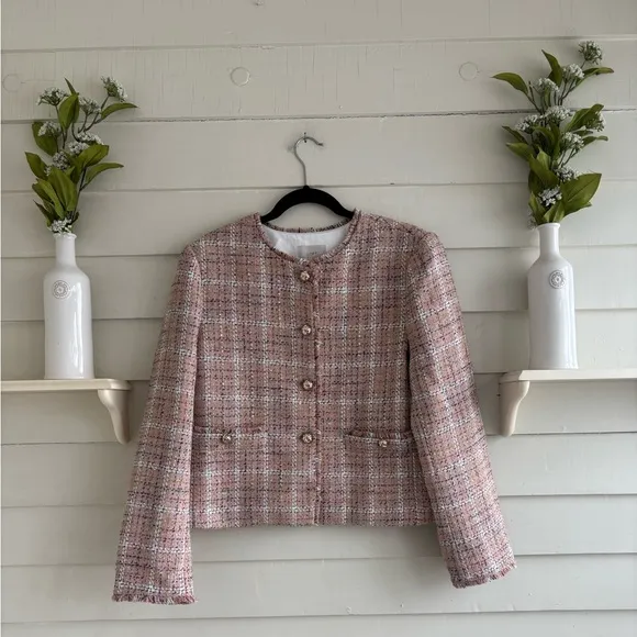 LOFT Sparkle Textured Tweed Pink Blazer Jacket with Gold Tone Buttons Size Large