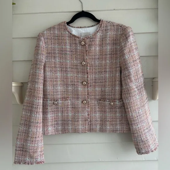 LOFT Sparkle Textured Tweed Pink Blazer Jacket with Gold Tone Buttons Size Large