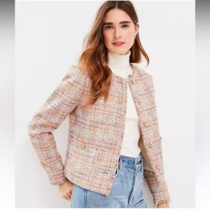 LOFT Sparkle Textured Tweed Pink Blazer Jacket with Gold Tone Buttons Size Large