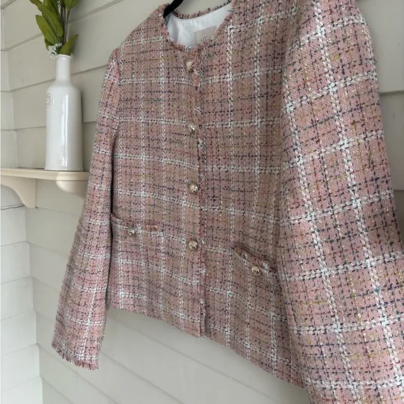 LOFT Sparkle Textured Tweed Pink Blazer Jacket with Gold Tone Buttons Size Large