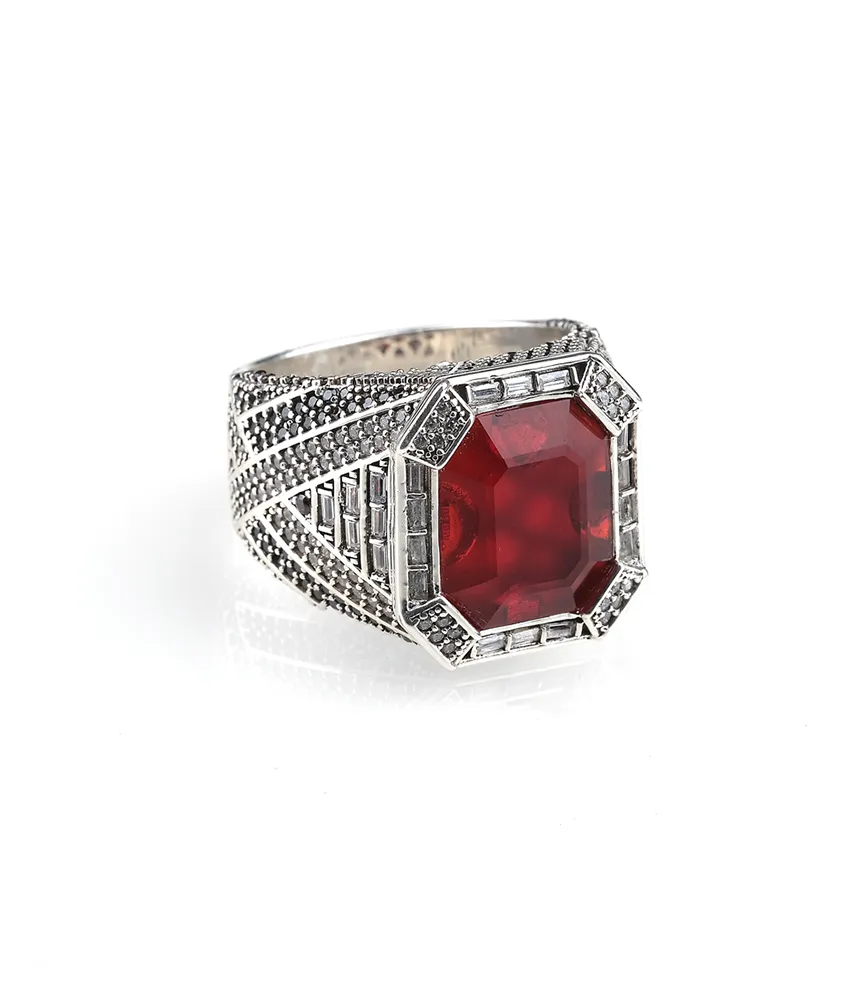 Men's Red  Stone Ring in Sterling Silver