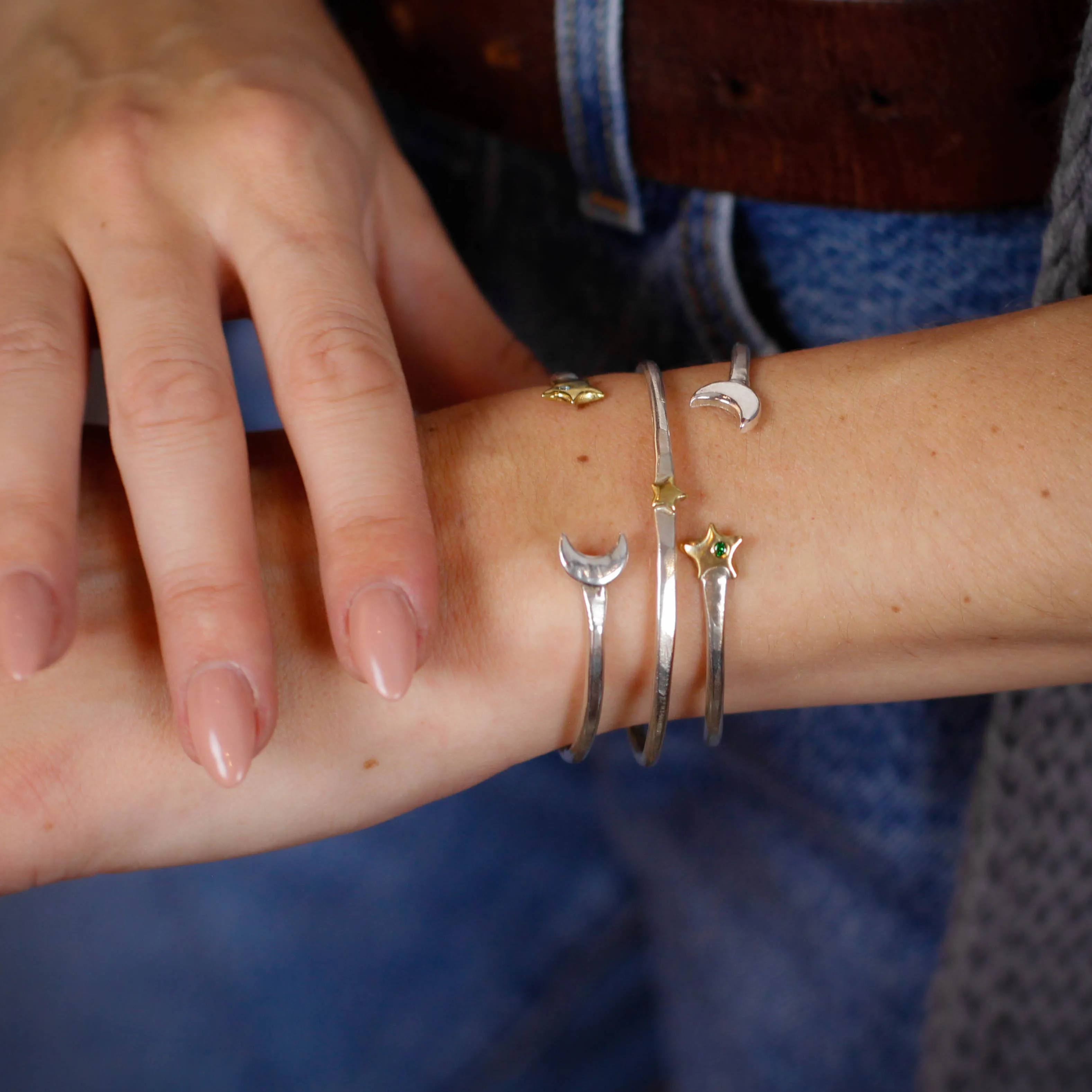 Moon Stacking Cuff bracelet sterling silver and golden bronze