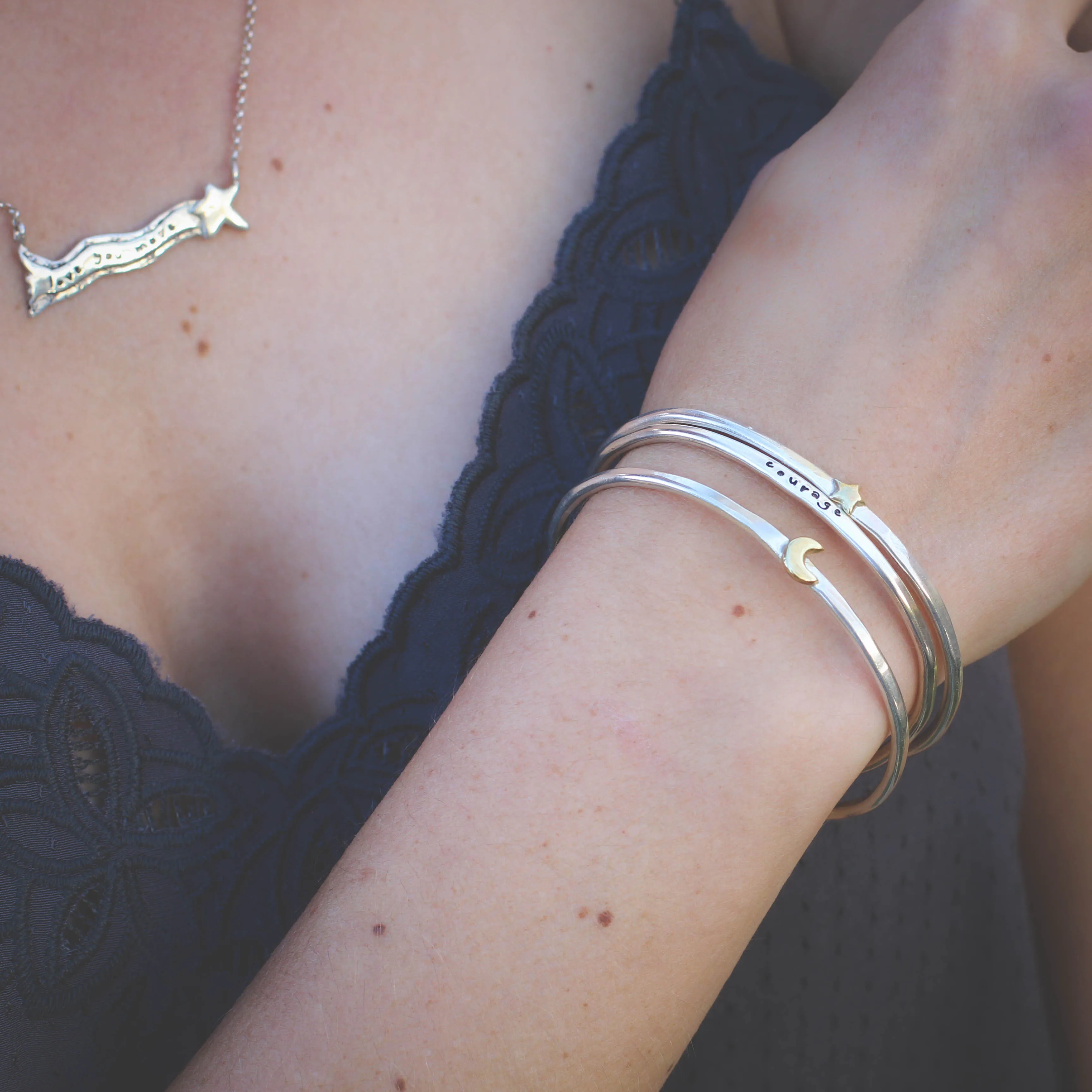 Moon Stacking Cuff bracelet sterling silver and golden bronze