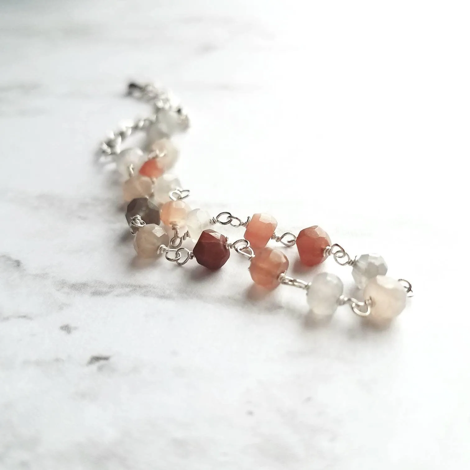 Moonstone Bracelet, silver moonstone chain, moon stone rosary, delicate bracelet, dainty bracelet, white peach grey, tiny little gemstones