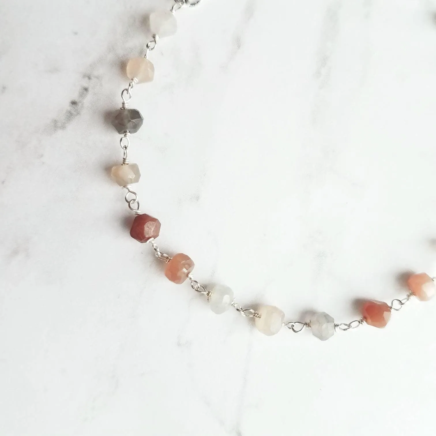 Moonstone Bracelet, silver moonstone chain, moon stone rosary, delicate bracelet, dainty bracelet, white peach grey, tiny little gemstones