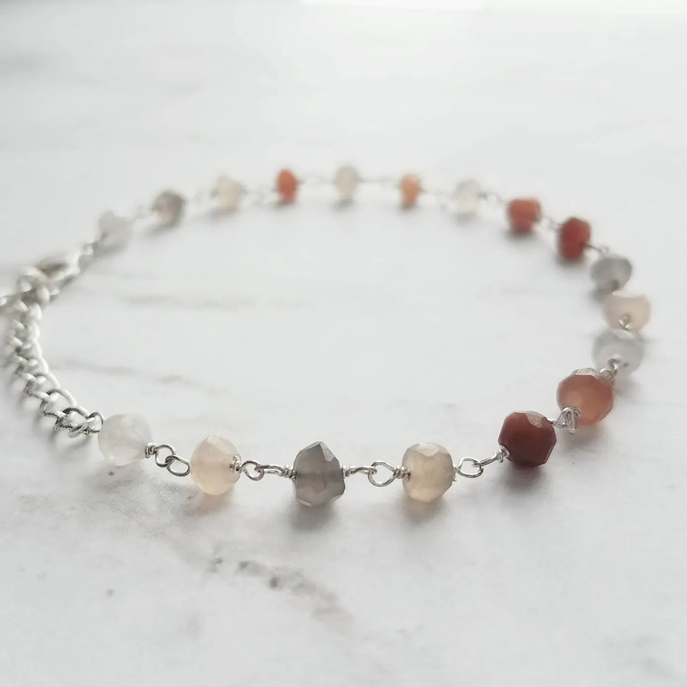 Moonstone Bracelet, silver moonstone chain, moon stone rosary, delicate bracelet, dainty bracelet, white peach grey, tiny little gemstones