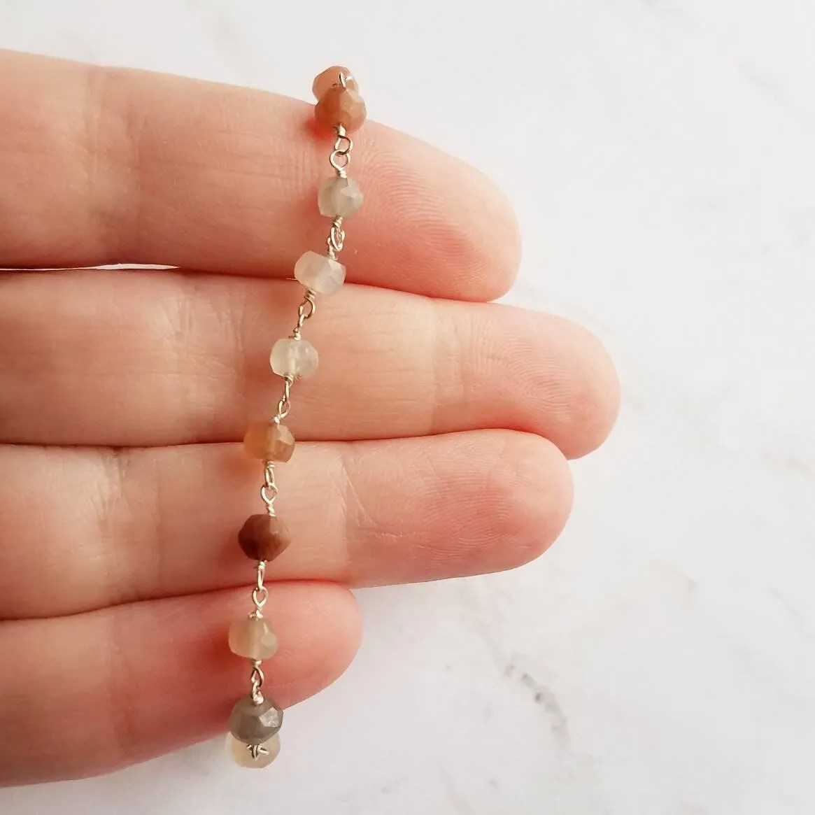 Moonstone Bracelet, silver moonstone chain, moon stone rosary, delicate bracelet, dainty bracelet, white peach grey, tiny little gemstones