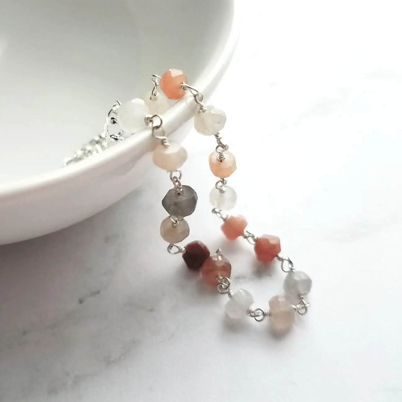 Moonstone Bracelet, silver moonstone chain, moon stone rosary, delicate bracelet, dainty bracelet, white peach grey, tiny little gemstones