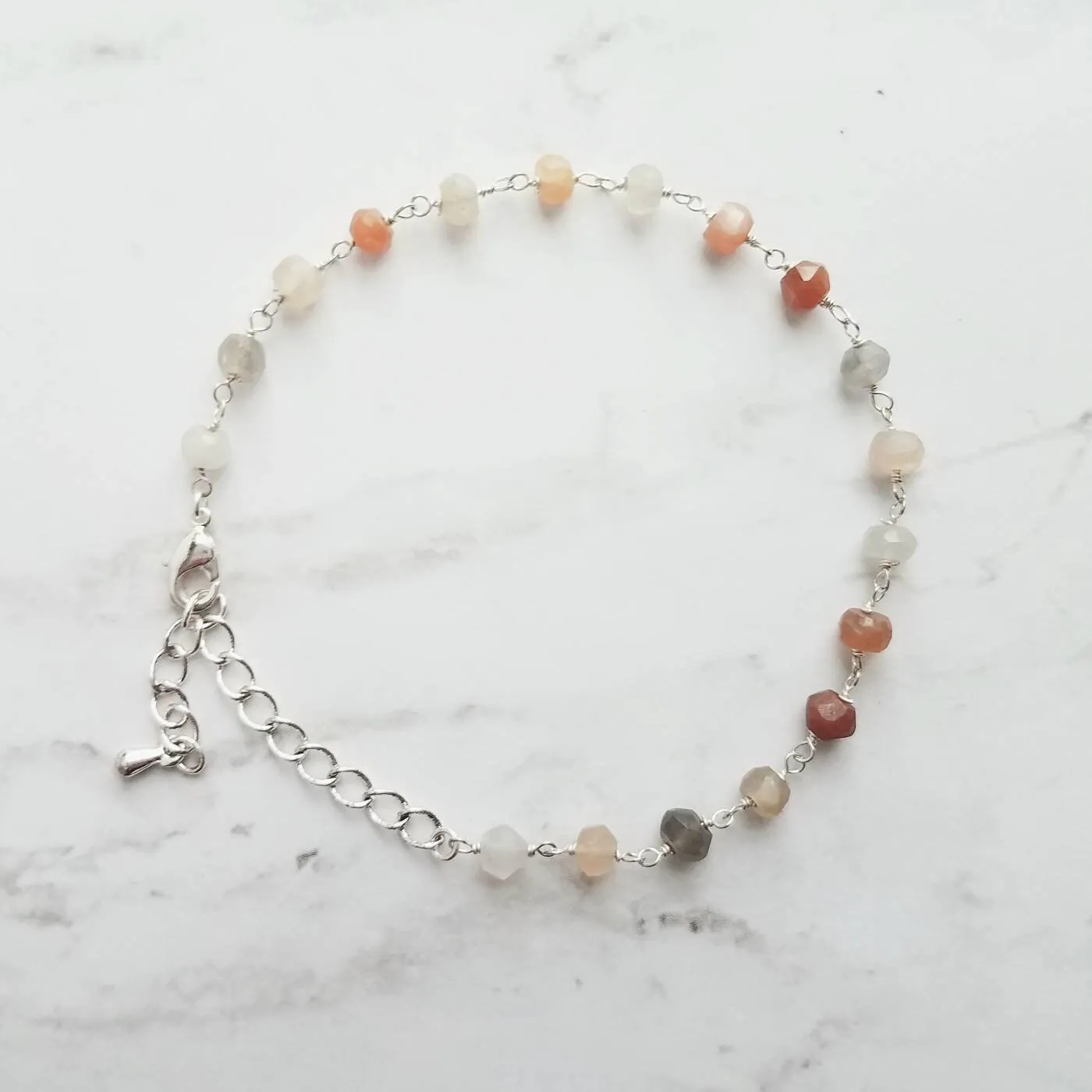 Moonstone Bracelet, silver moonstone chain, moon stone rosary, delicate bracelet, dainty bracelet, white peach grey, tiny little gemstones