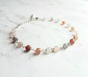 Moonstone Bracelet, silver moonstone chain, moon stone rosary, delicate bracelet, dainty bracelet, white peach grey, tiny little gemstones