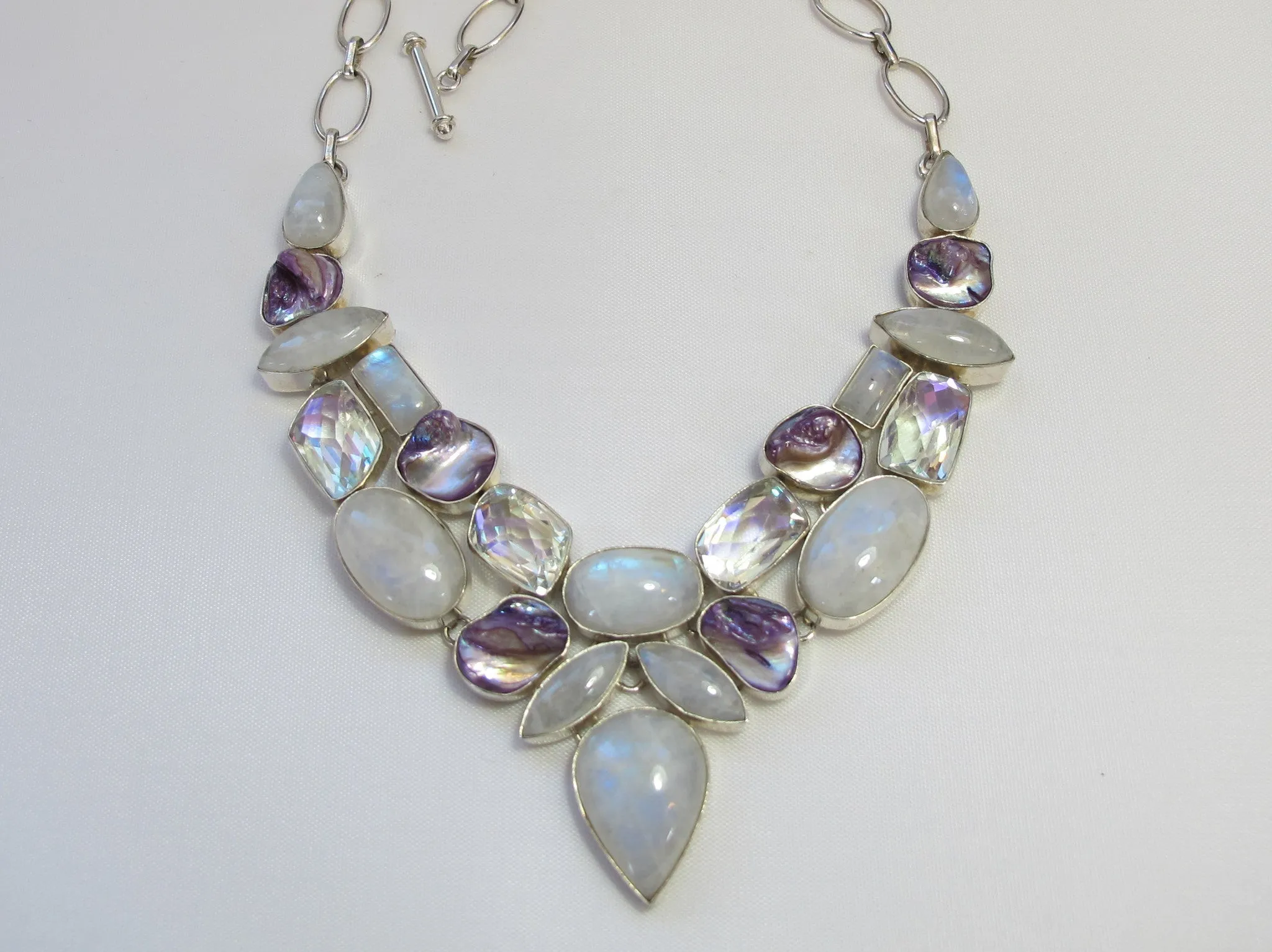 Moonstone, Rainbow Topaz, and Pearl Necklace