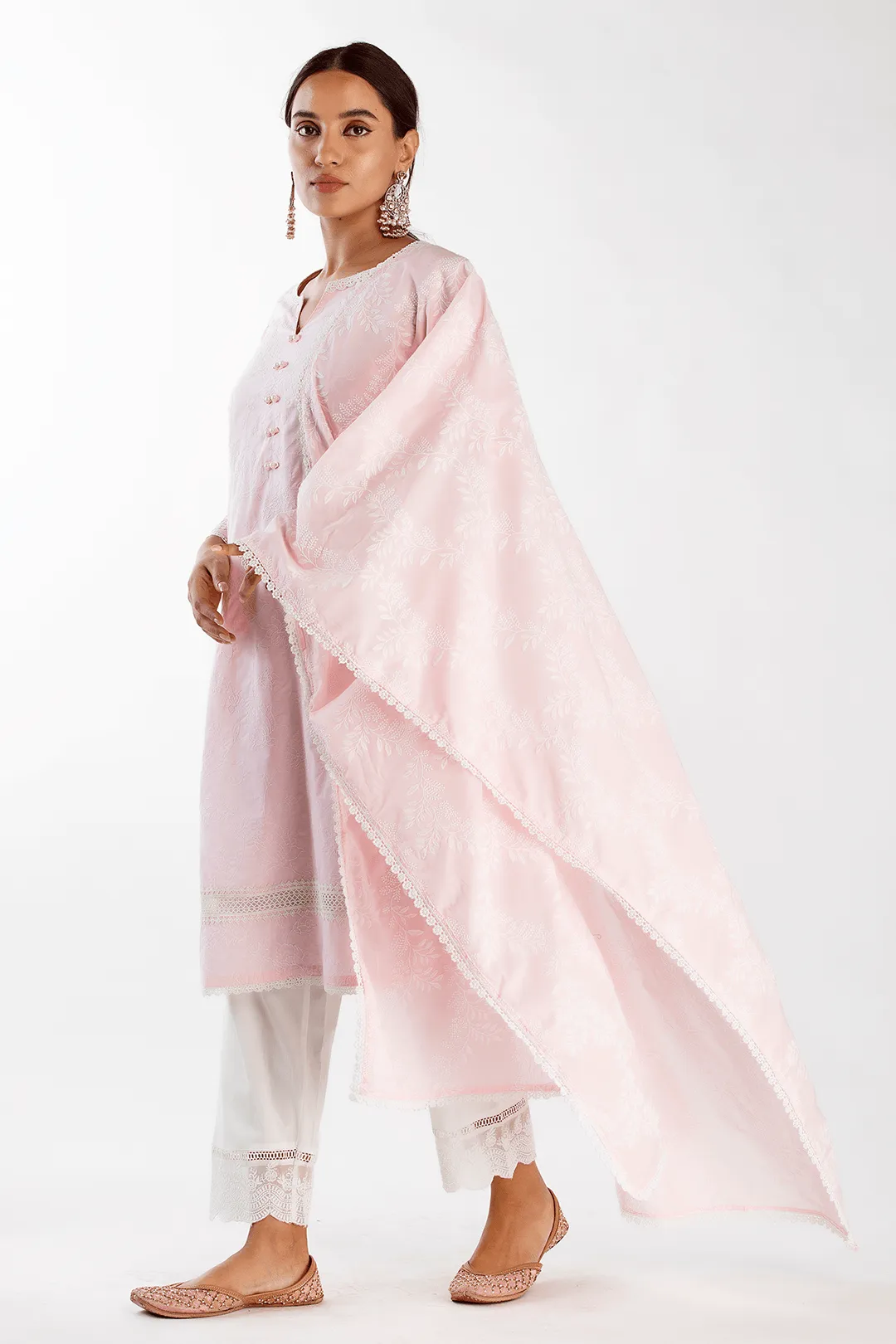Mulmul Cotton Twilight Pink Kurta With Floral Organza White Pant