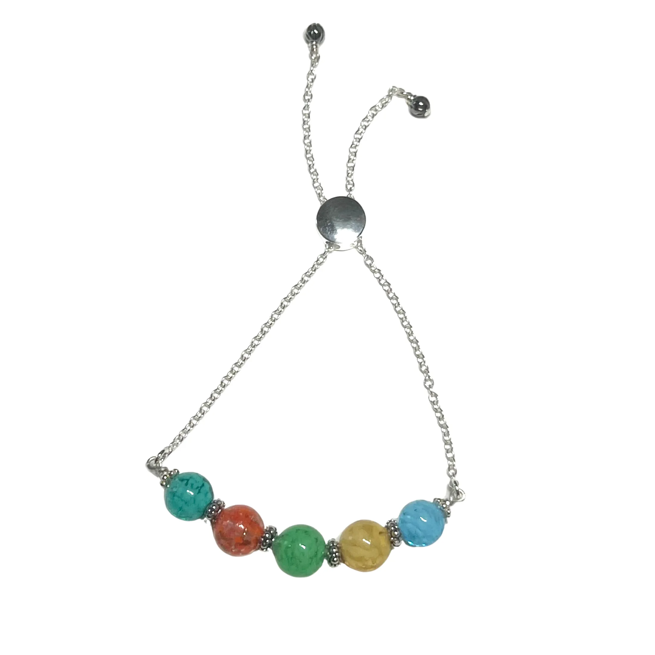 Murano Glass Colorful Bolo Sterling Silver Adjustable Bracelet