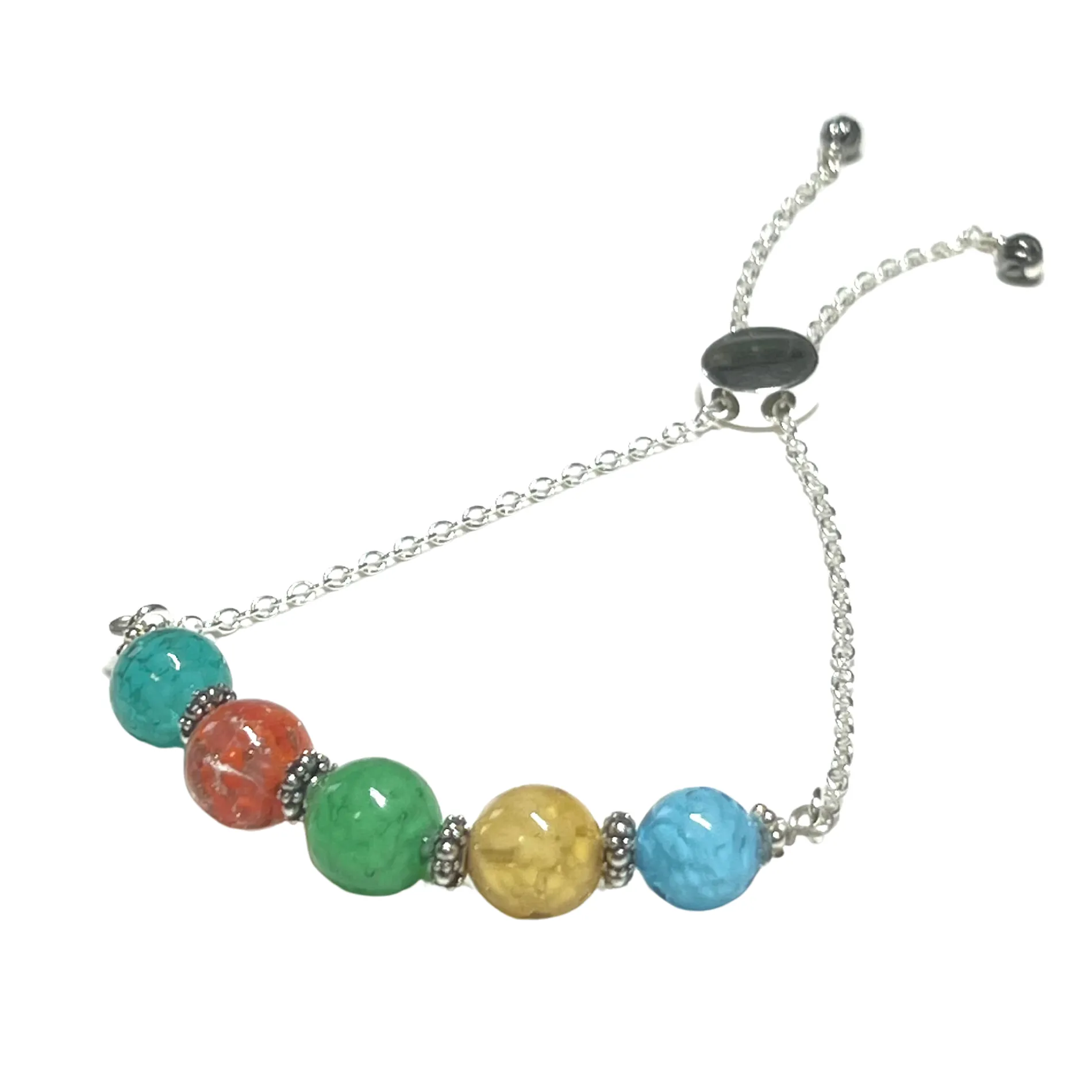 Murano Glass Colorful Bolo Sterling Silver Adjustable Bracelet
