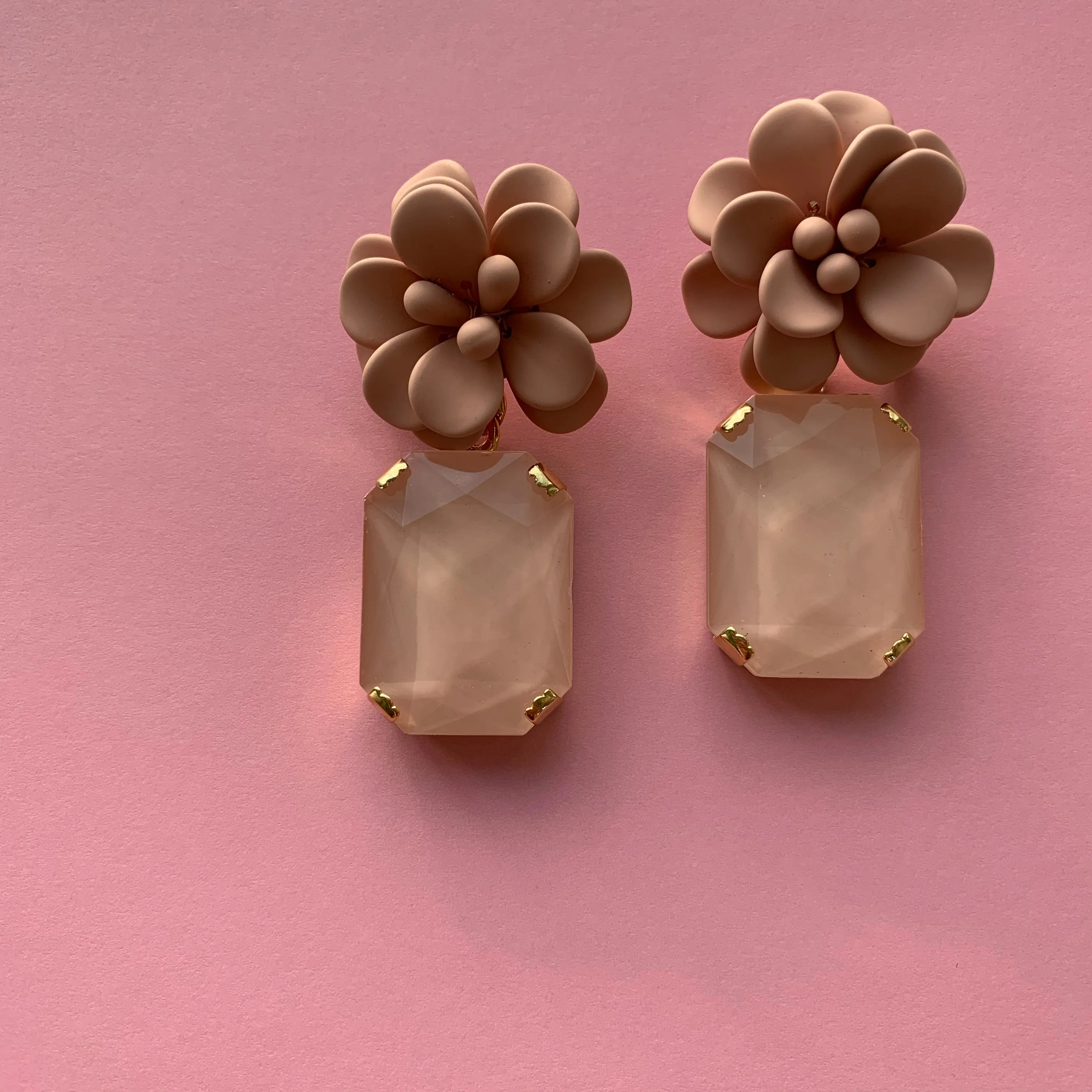 Murano Pink Sunset Hibiscus Earrings - Emerald Cut Hand Painted Resin Pendant