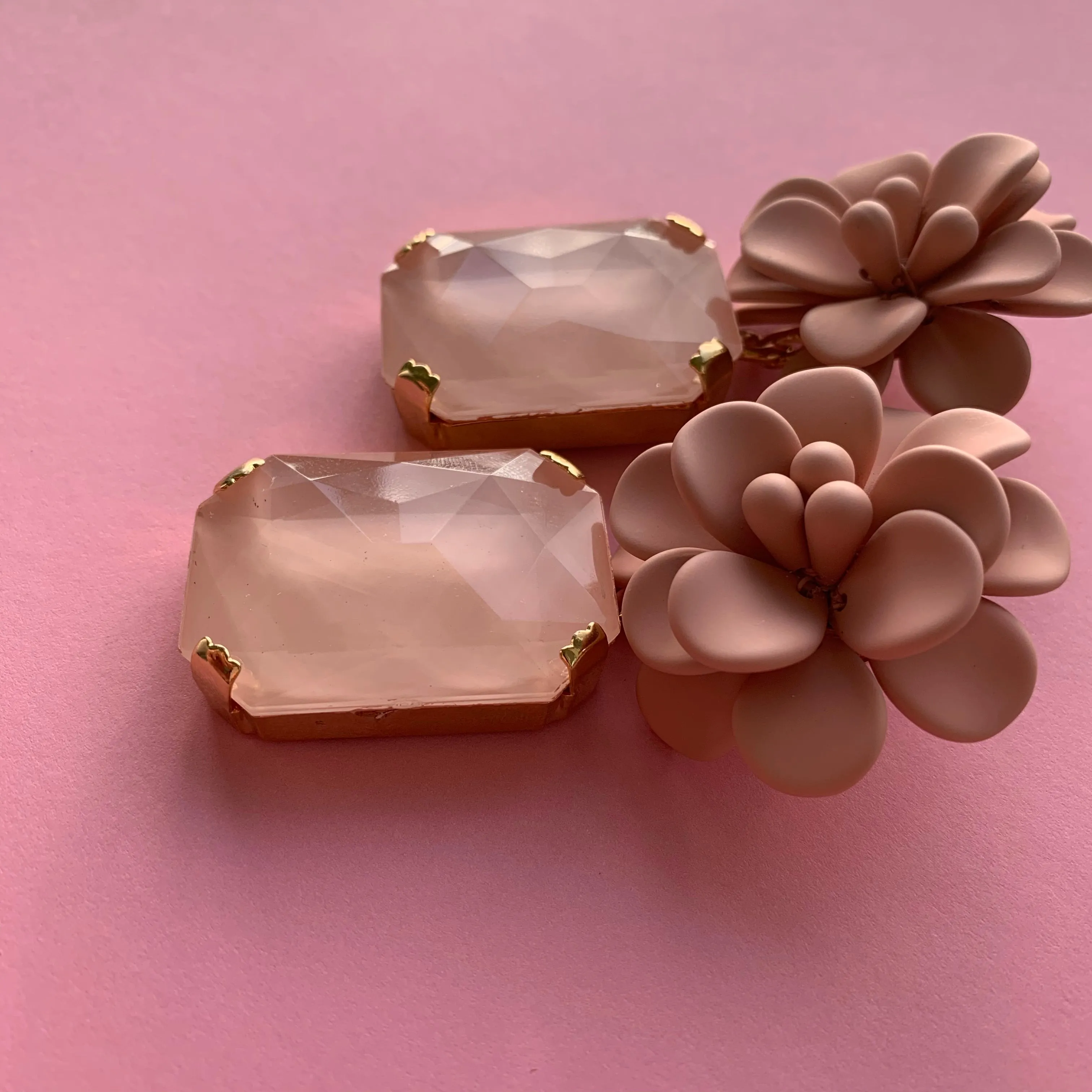 Murano Pink Sunset Hibiscus Earrings - Emerald Cut Hand Painted Resin Pendant