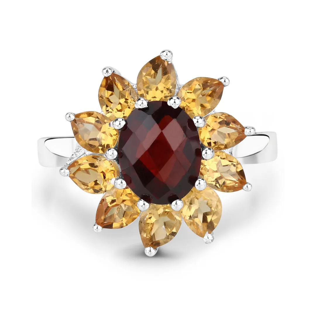 Natural Garnet and Citrine Sunflower Ring