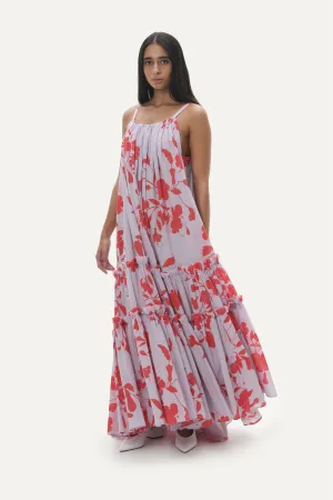 Naushad Ali   I   Tiered sundress Hibiscus Signature Spring Summer 2025 Lilac   coral red 100% cotton voile NA SS24 W19