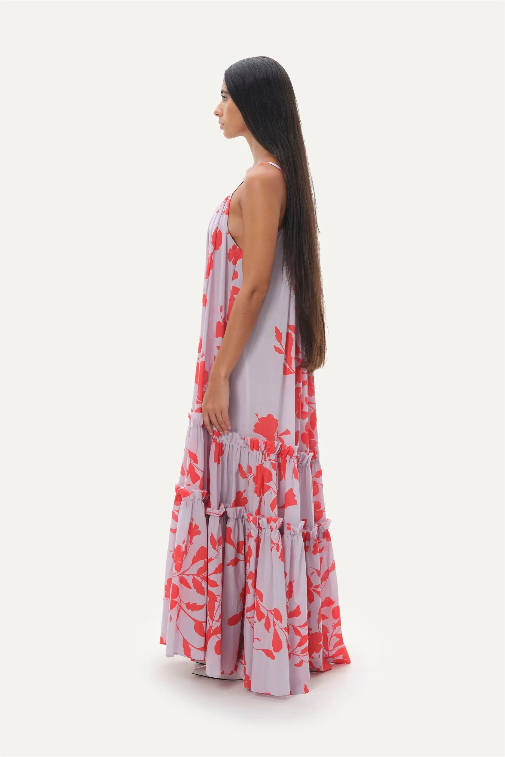 Naushad Ali   I   Tiered sundress Hibiscus Signature Spring Summer 2025 Lilac   coral red 100% cotton voile NA SS24 W19