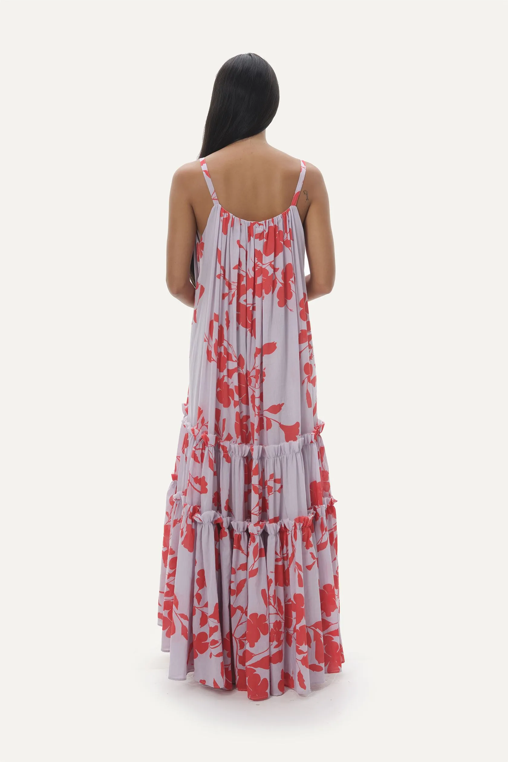 Naushad Ali   I   Tiered sundress Hibiscus Signature Spring Summer 2025 Lilac   coral red 100% cotton voile NA SS24 W19