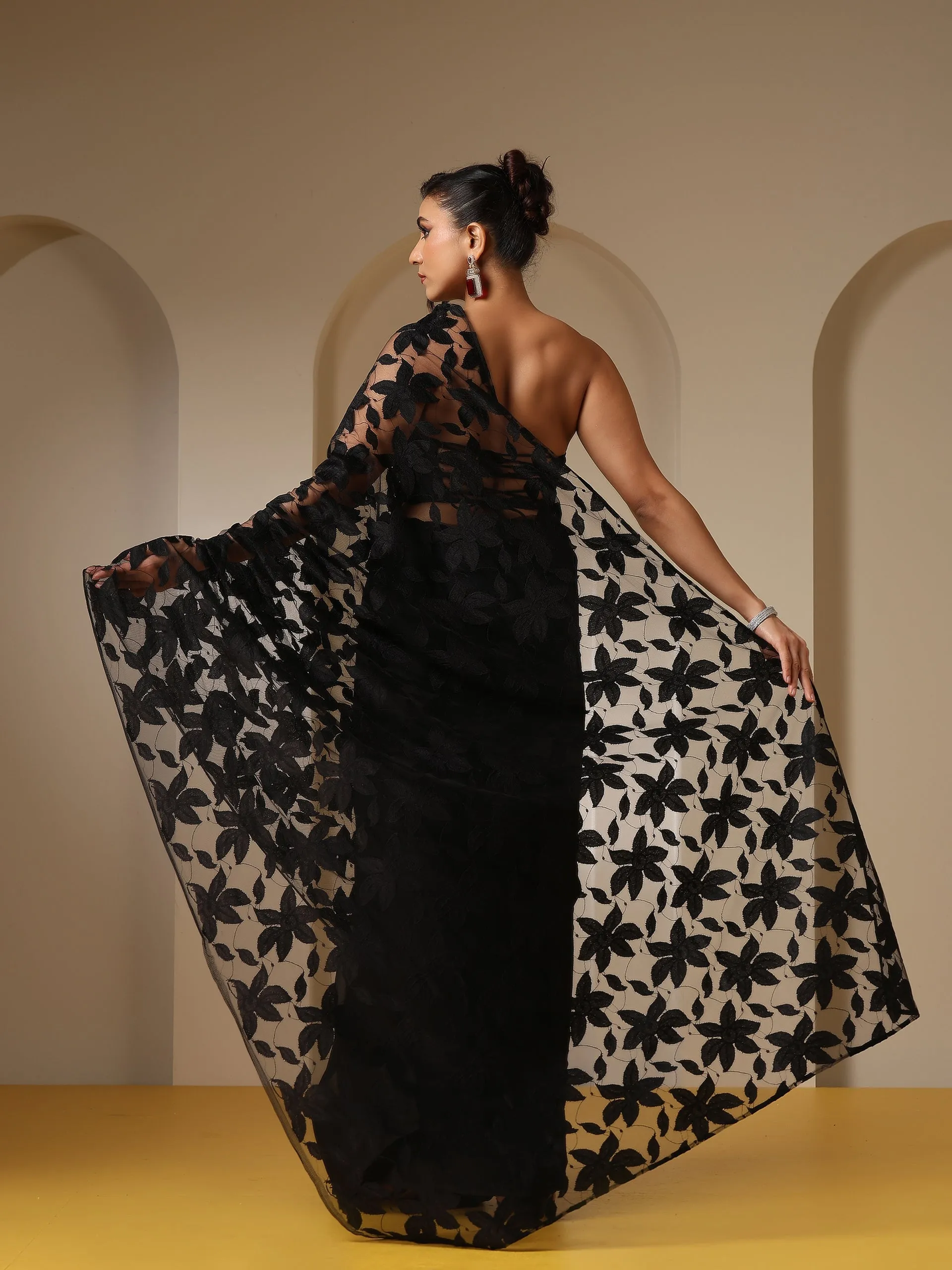 Night Bird Net Saree with Blouse Fabric