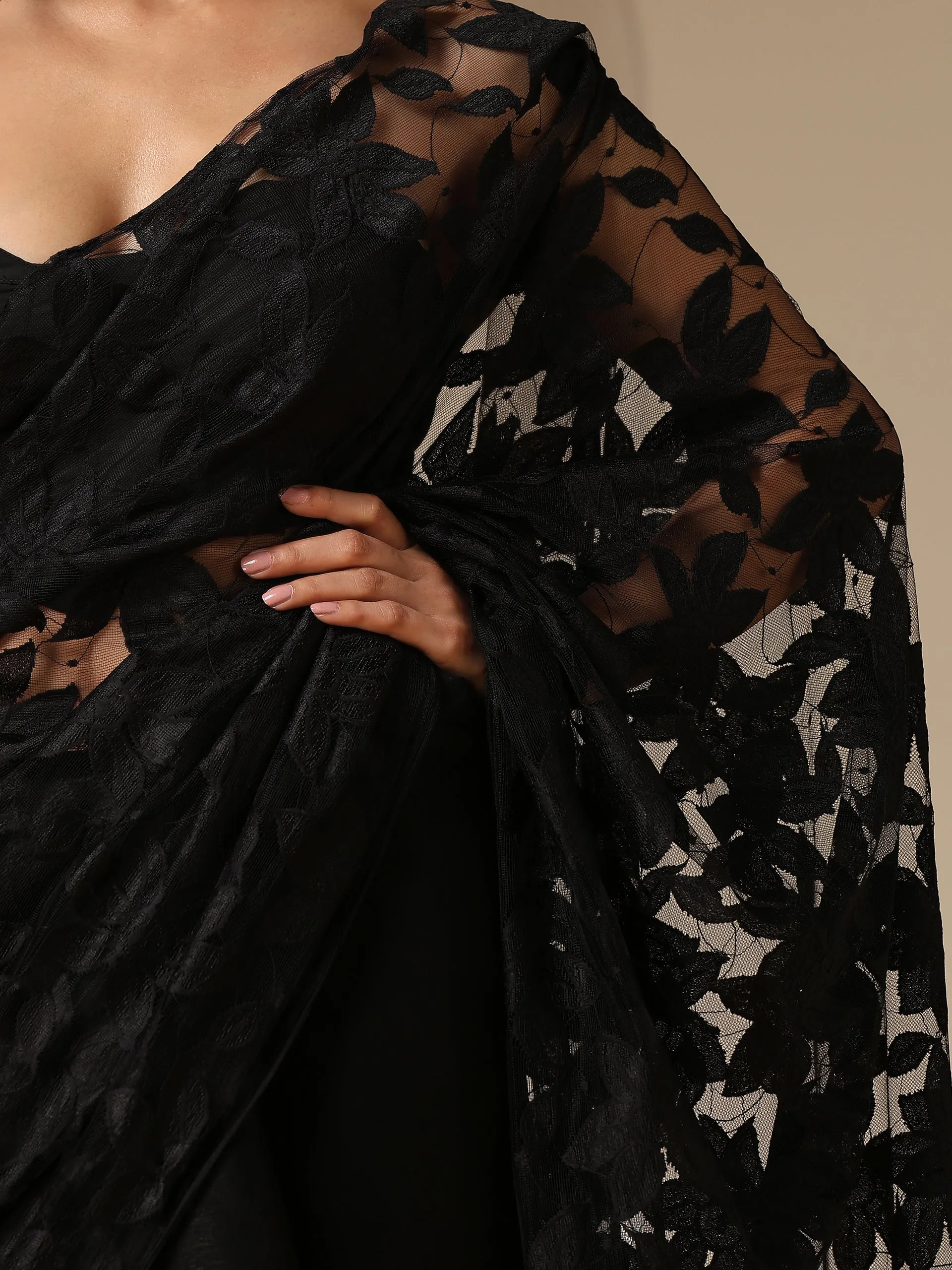 Night Bird Net Saree with Blouse Fabric