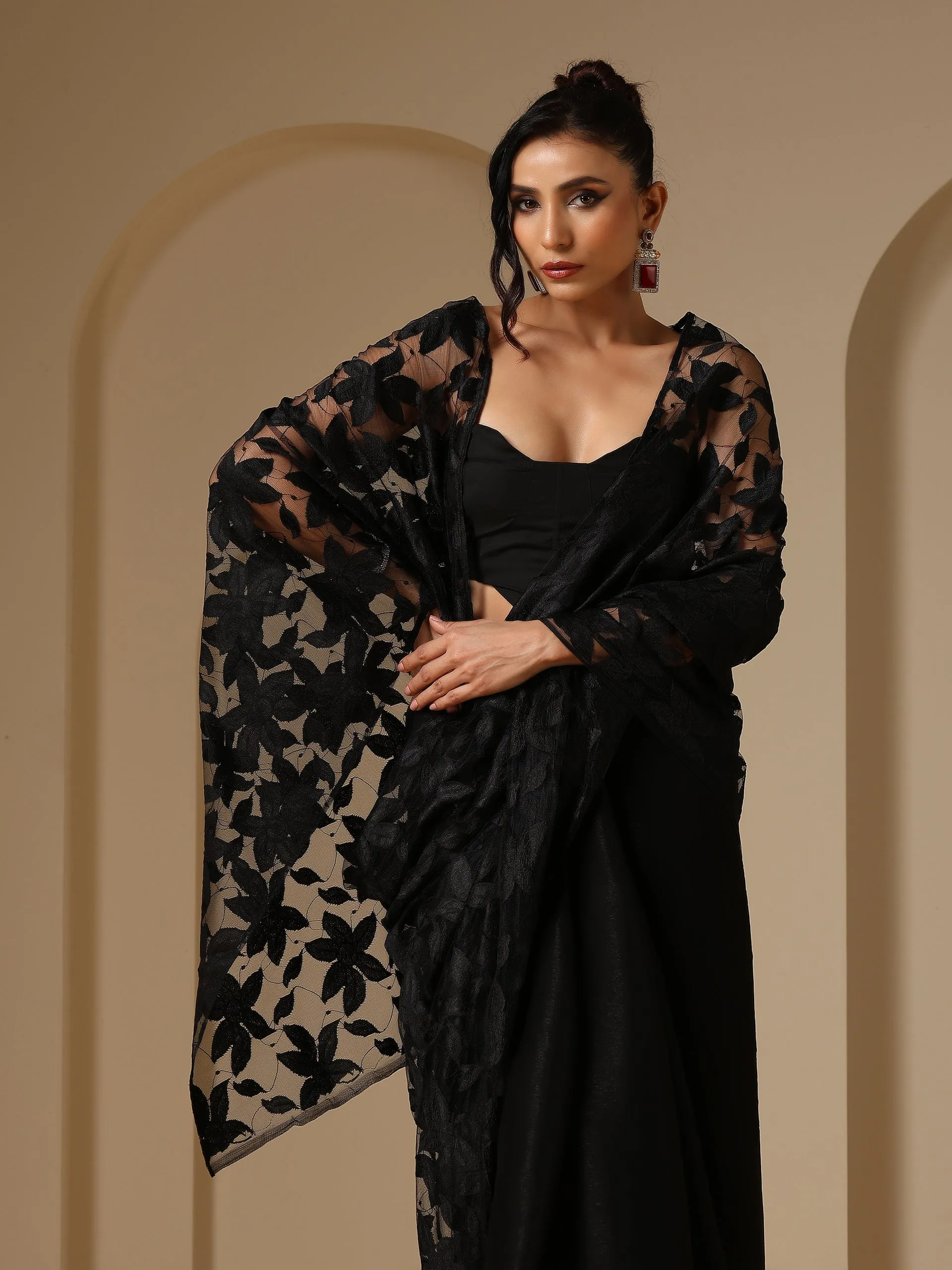 Night Bird Net Saree with Blouse Fabric