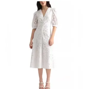 NWT New Maggy London White Eyelet puff sleeve button front Dress 4