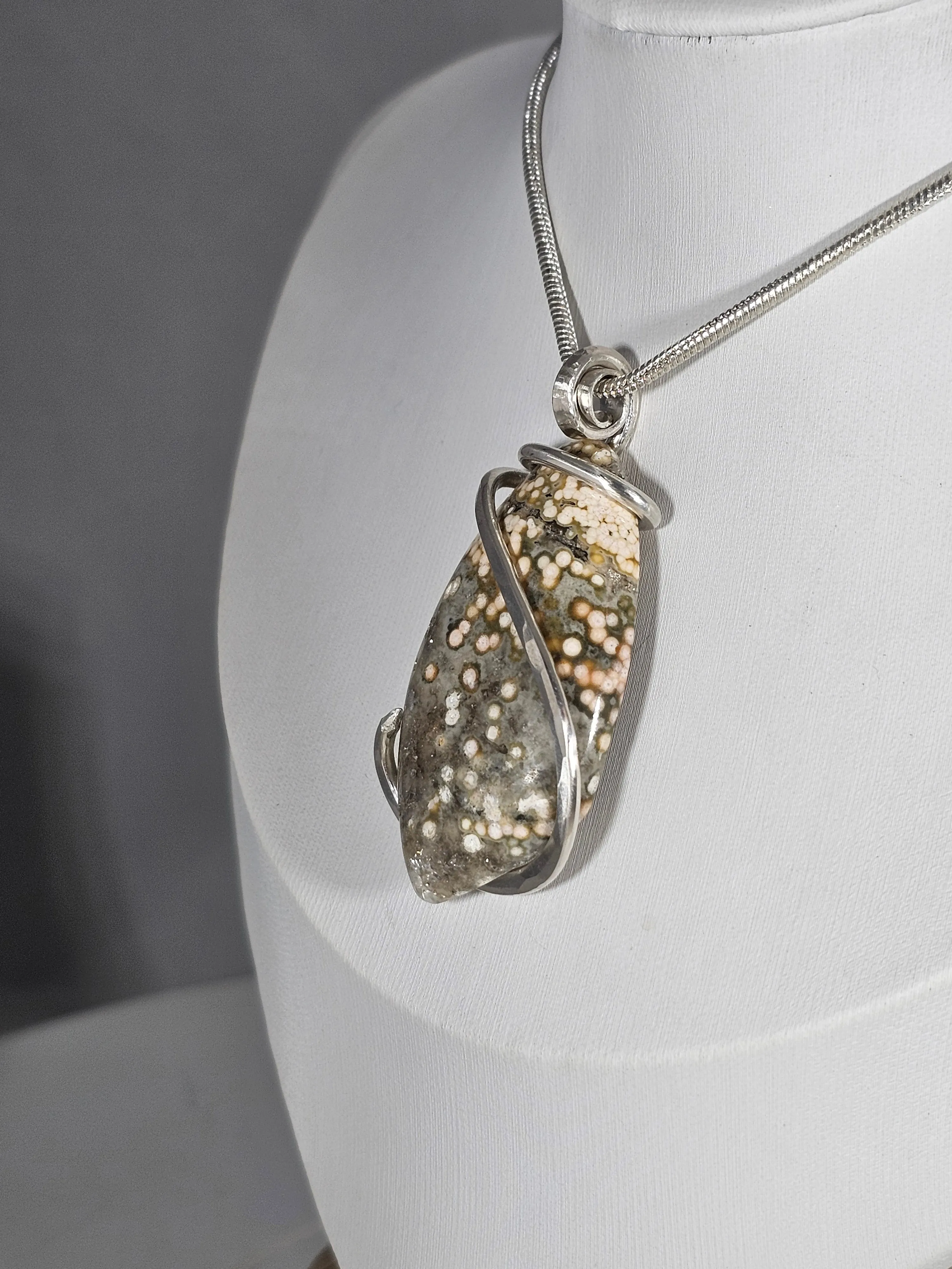 Ocean Jasper Handmade Stone Pendant Wrapped in Silver