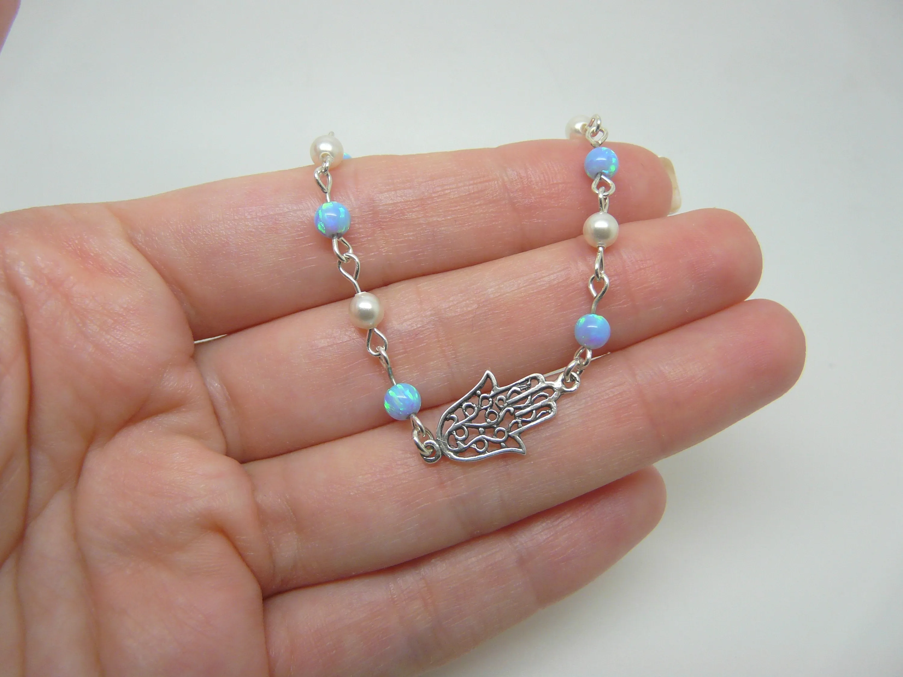 Opal & Pearl Hamsa Bracelet – Elegant & Meaningful