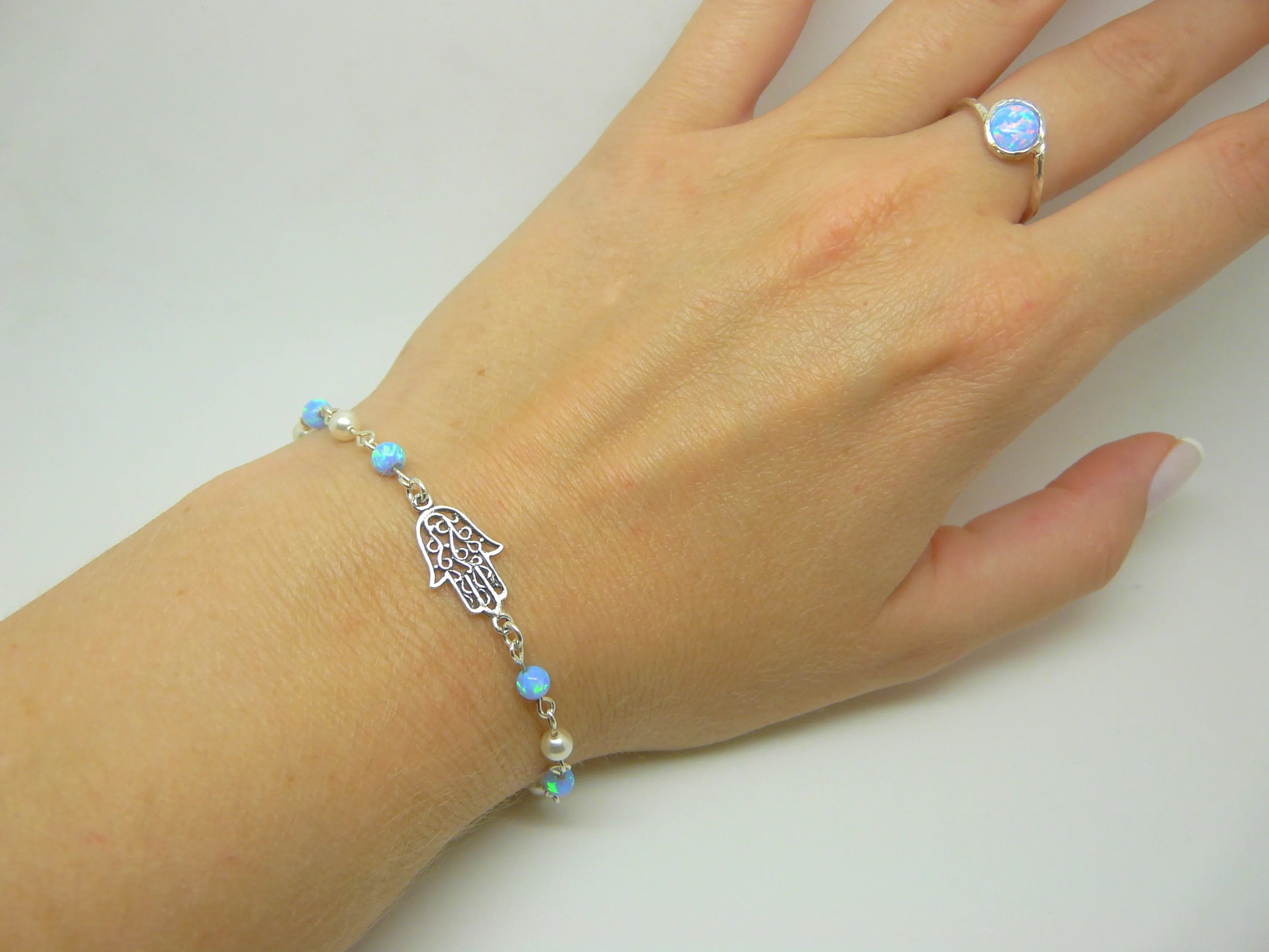 Opal & Pearl Hamsa Bracelet – Elegant & Meaningful